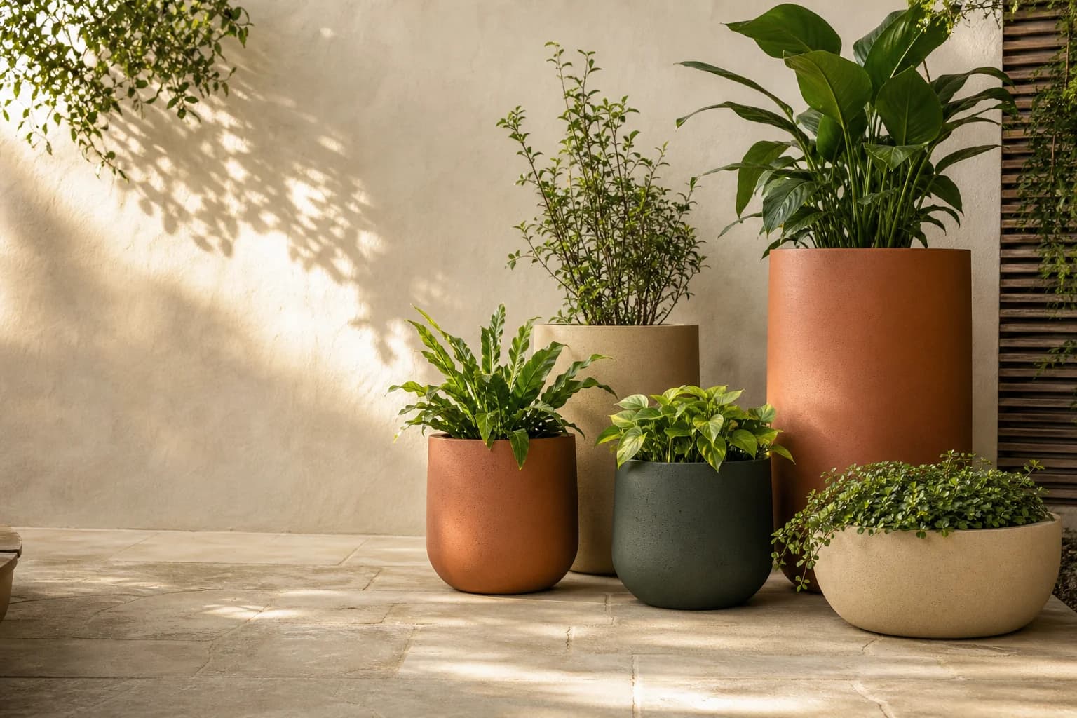 Modern planters in terracotta, sand and green-grey tones on a sunlit stone patio