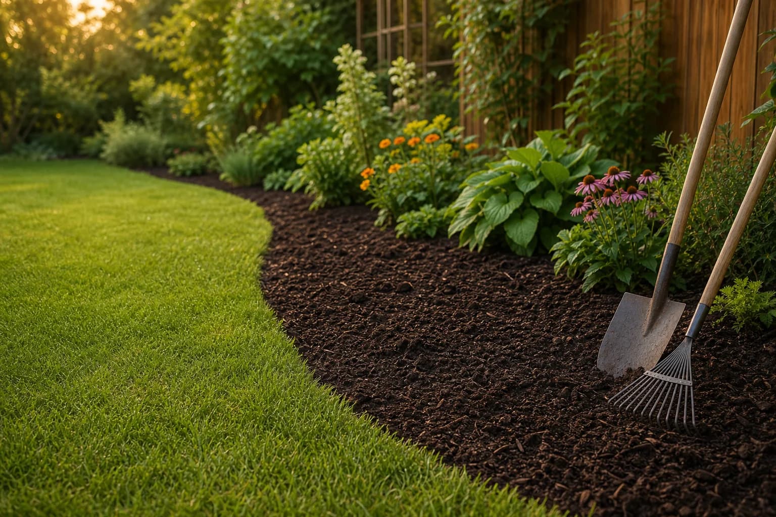 Garden bed covered with compost and bark mulch beside a neatly edged lawn, with a spade and rake