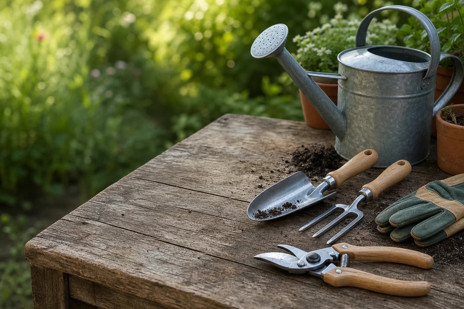 Hand trowel, hand fork, secateurs, gardening gloves and a watering can on a wooden potting bench